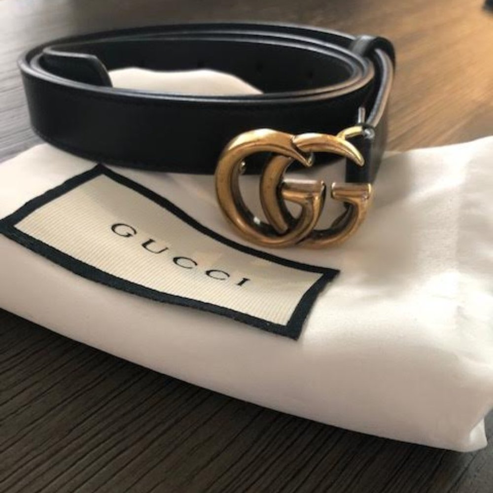 GG Marmont thin leather belt with Antique Brass Hardware